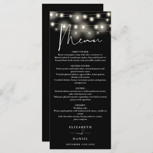 Menu Black And White String Lights Wedding Dinner (Devant / Derrière)