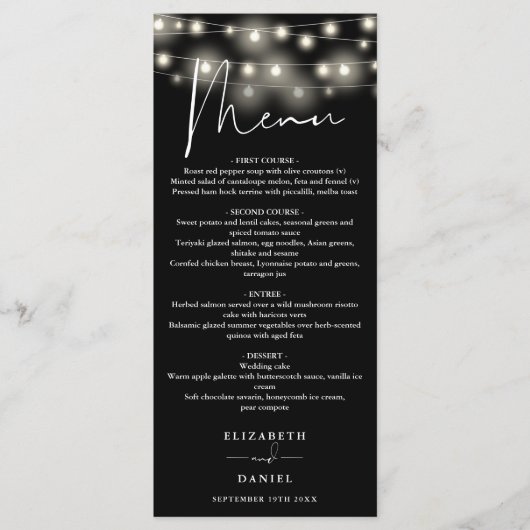 Menu Black And White String Lights Wedding Dinner (Devant)