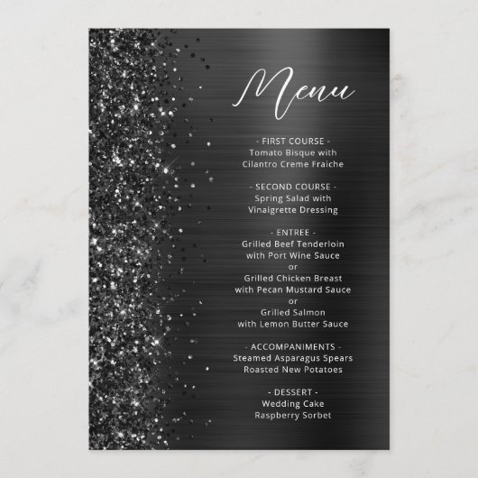 Menu Black Glam Glitter Script Wedding (Devant)