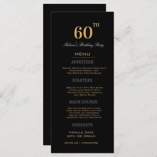 Menu Black & Gold minimum 60e fête d'anniversaire Perso (Devant / Derrière)