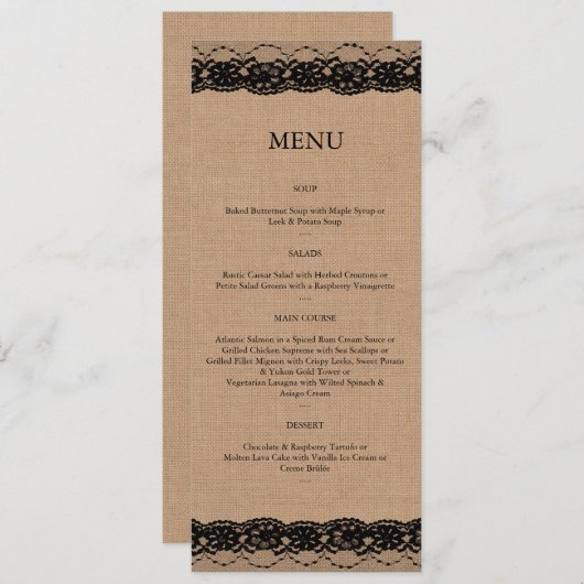 Menu Black Lace & Burlap (Devant / Derrière)