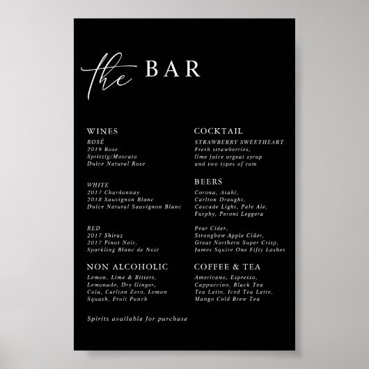 Menu Black Modern Minimalist Wedding Bar Poster (Voorkant)