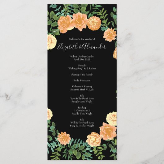 Menu Black & Peach Mariage Floral moderne (Devant)