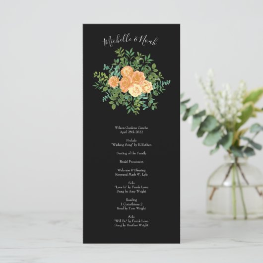 Menu Black & Peach Mariage Floral moderne (Debout devant)