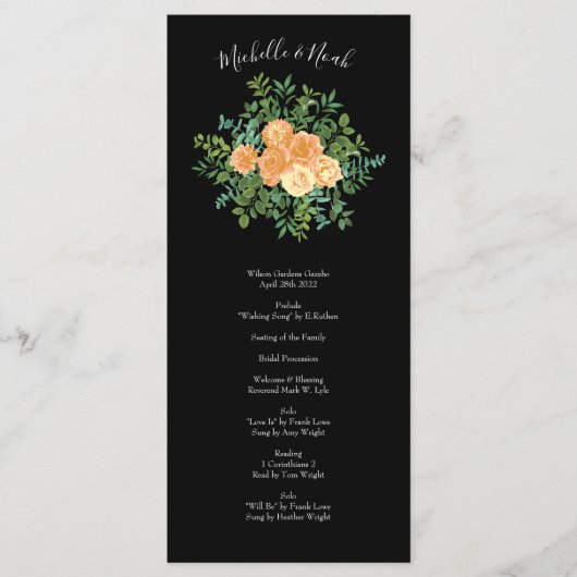 Menu Black & Peach Mariage Floral moderne (Devant)