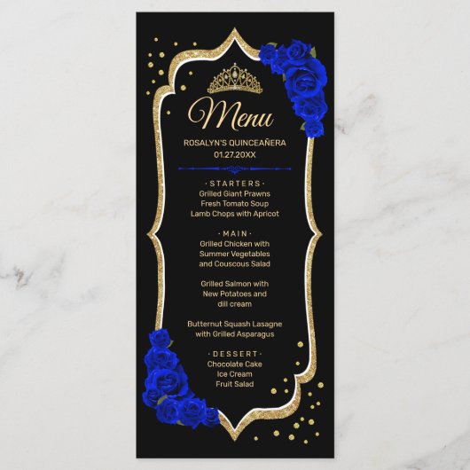 Menu Black Royal Blue Gold Quinceanera (Devant)
