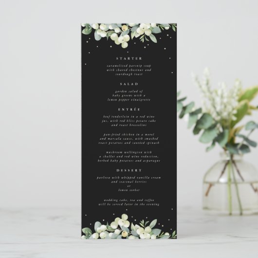 Menu Black Snowberry+Eucalyptus 4 Parcours Mariage plat (Debout devant)