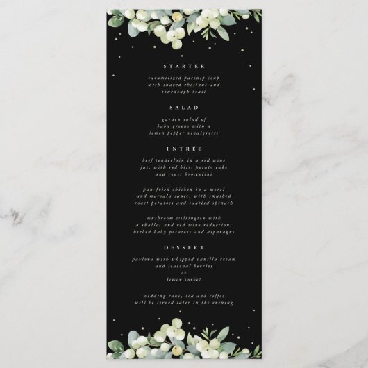Menu Black Snowberry+Eucalyptus 4 Parcours Mariage plat (Devant)