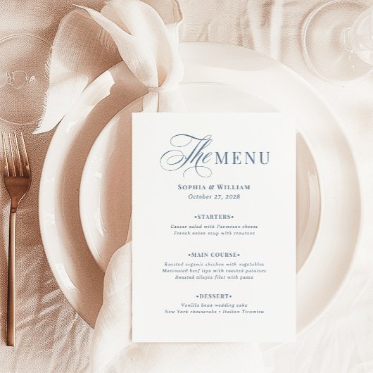 Menu Blanc Élégant et Bleu Poussiéreux | Luxe Classique