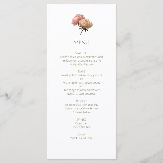 Menu Blanc et olive | Chic Floral Rose Mariage (Devant)