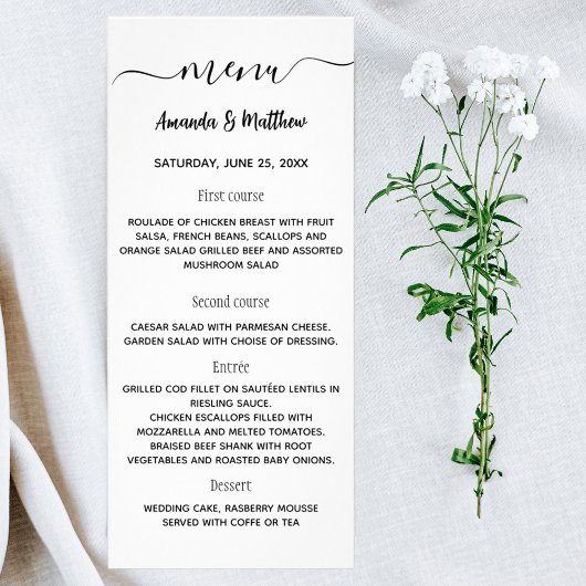 Menu blanc noir mariage classique