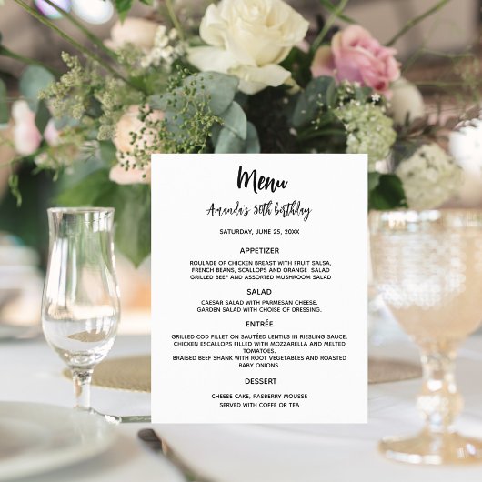 Menu blanc noir personnalisé couleur de fête