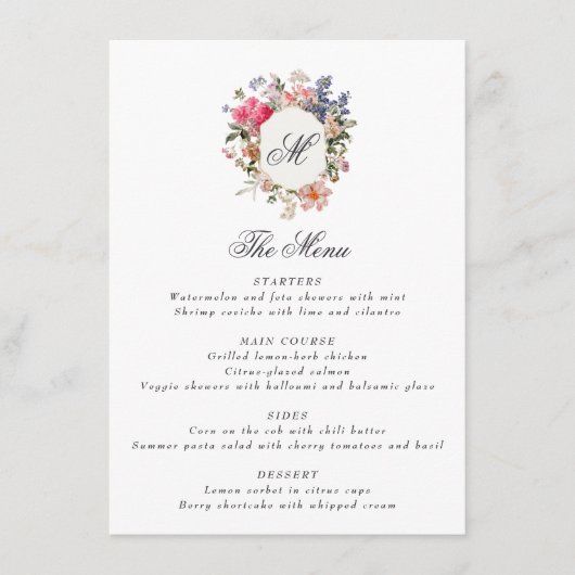 Menu Blason de monogramme de calligraphie florale peint (Devant)