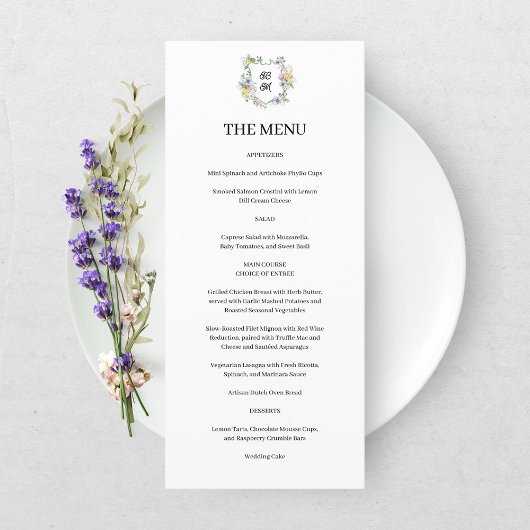 Menu Blason de monogramme floral formel de mariage