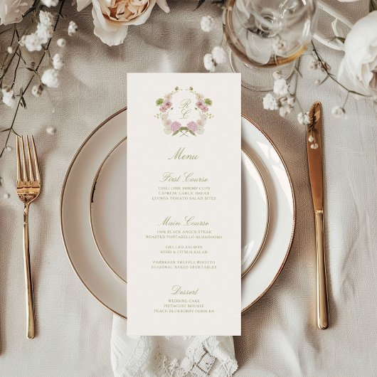 Menu Blason de monogramme floral vert rose pour mariage