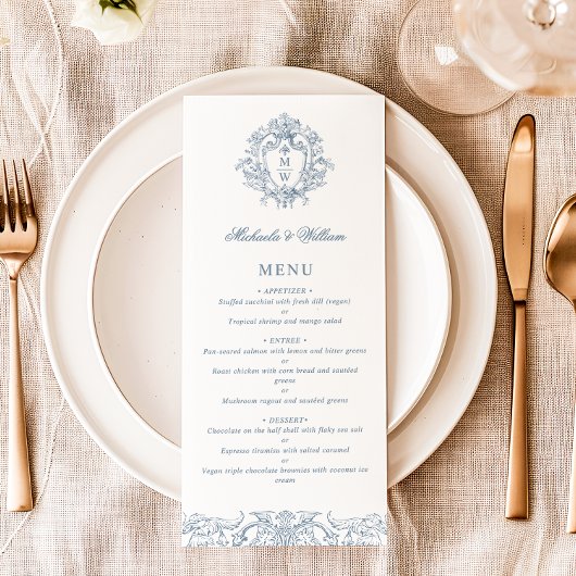 Menu Blason Monogramme Élégant de Mariage Régence Vinta