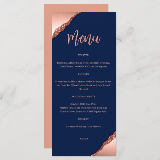 Menu Blauw en koraal Glitter Wedding (Voorkant / Achterkant)