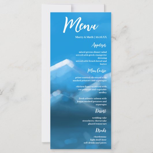 Menu Blauw en wit Elegant Mountains Weddenschap (Voorkant)