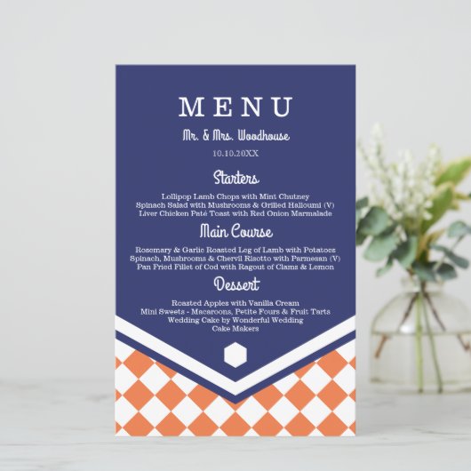 Menu Blauwe bruiloft met Oranje gecheckt patroon (Staand voorkant)