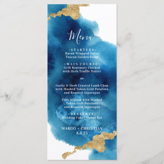 Menu Blauwe en gouden Waterverf bruiloft (Voorkant)