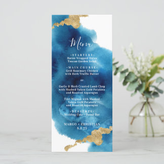 Menu Blauwe en gouden Waterverf bruiloft
