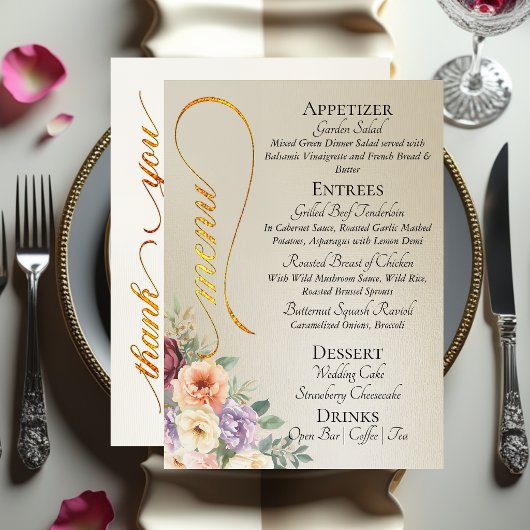 Menu Blé - Fleurs sauvages, monogramme et merci
