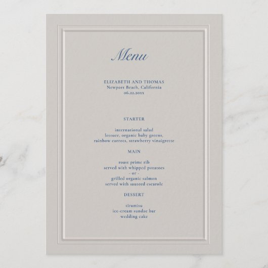 Menu Bleu bleu bleu moderne Mariage classique (Devant)
