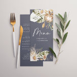 Menu Bleu bohème botanique moderne feuillage élégant<br><div class="desc">Marine bleu bohème botanique moderne élégant feuillage élégant jour de mariage élégant de papeterie menu. Belles aquarelles florales botaniques séchées à la main et texte de script. Moderne sur design tendance.</div>