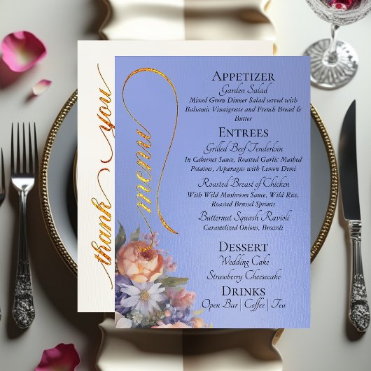 Menu Bleu ciel - Monogramme, Fleurs sauvages & Merci 