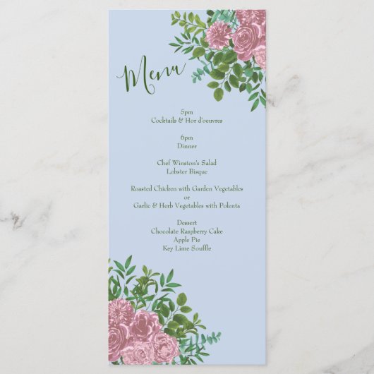 Menu Bleu clair et rose pâle Rose Mariage floral (Devant)