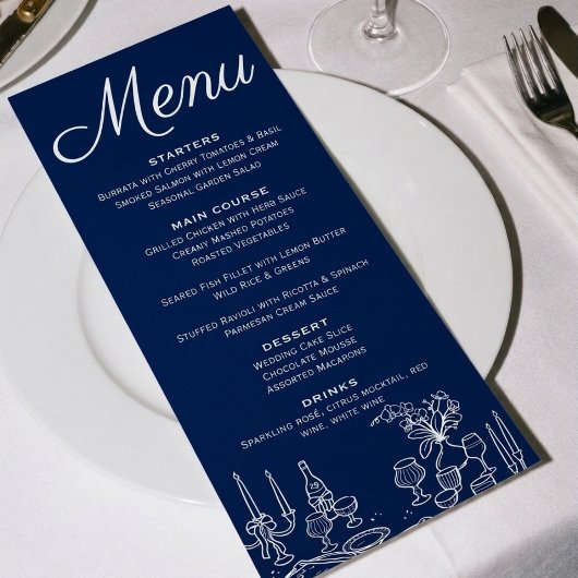 Menu Bleu Cobalt Ancienne Fortune Illustrée Chic Mariag