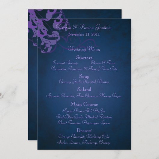 Menu bleu de mariage de rouleau pourpre noble (Devant / Derrière)