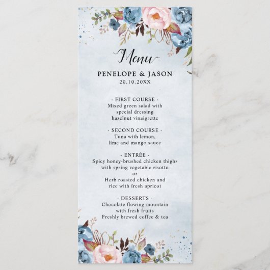 Menu Bleu Dusty Peach Blush Botanical Floral Mariage (Devant)