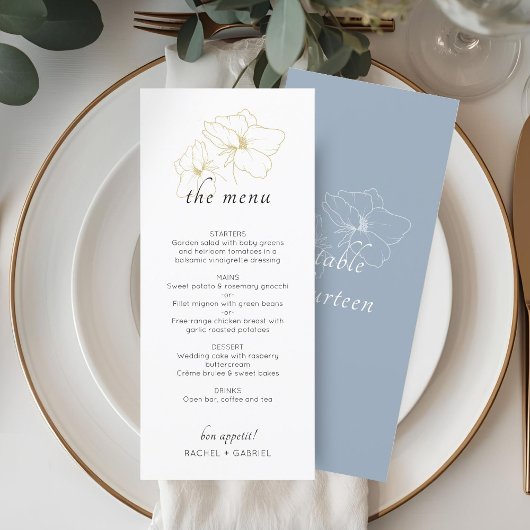 Menu Bleu et blanc | Mariage floral chic