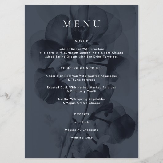 Menu Bleu foncé Moody Botanique Overlay Mariage (Devant)
