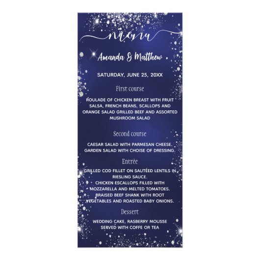 Menu bleu marine blanc parties scintillant mariage (Devant)