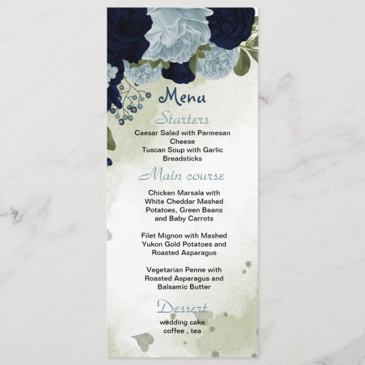 Menu bleu marine et poussiéreux fleurs verdure mariage (Devant)