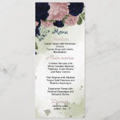 Menu bleu marine et rose fleurs verdure mariage (Devant)