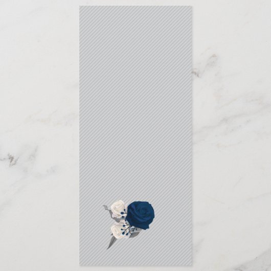 Menu bleu marine fleurs blanches argent feuille mariage (Dos)