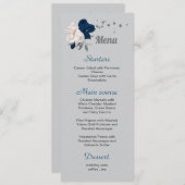 Menu bleu marine fleurs blanches argent feuille mariage (Devant / Derrière)
