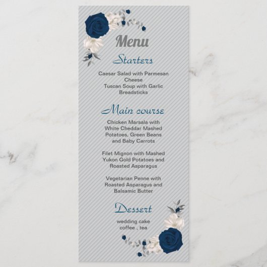 Menu bleu marine fleurs blanches argent feuille mariage (Devant)
