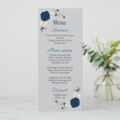 Menu bleu marine fleurs blanches argent feuille mariage (Debout devant)