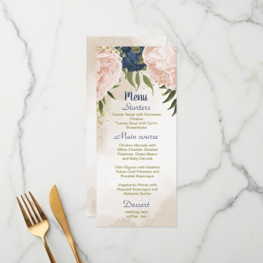 Menu bleu marine fleurs vert feuille mariage (Devant/Arrière en situation)