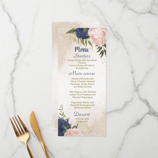 Menu bleu marine fleurs vert feuille mariage (Devant/Arrière en situation)