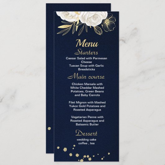Menu bleu marine floral or blanc (Devant / Derrière)
