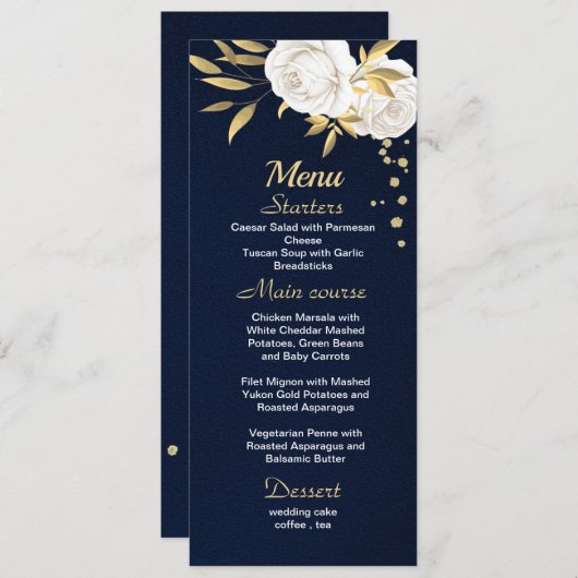 menu bleu marine floral or blanc (Devant / Derrière)