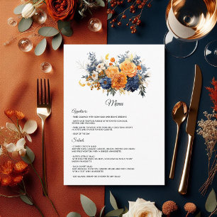 Menu Bleu marine, orange brûlé et Mariage de fleurs de 