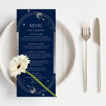 Menu Bleu mystique Argent Soleil Lune Étoiles Espace Ma<br><div class="desc">Mystical Blue Silver Sun Moon Stars Space Mariage Menu Cards dispose d'un cadre d'argent soleil, lune et étoiles sur un arrière - plan bleu avec les détails de votre menu au centre dans le script moderne de calligraphie argentée. Personnalisez en modifiant le texte dans les zones de texte fournies. Conçu...</div>