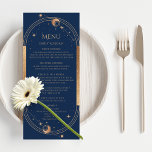 Menu Bleu mystique Soleil Lune Étoiles Mariage spatial<br><div class="desc">Mystical Blue Gold Sun Moon Stars Space Mariage Cartes de menu dispose d'un cadre d'or soleil, lune et étoiles sur un arrière - plan bleu avec les détails de votre menu au centre dans le script de calligraphie or moderne. Personnalisez en modifiant le texte dans les zones de texte fournies....</div>
