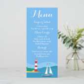 Menu bleu nautique Mariage bateau à voile et phare (Debout devant)